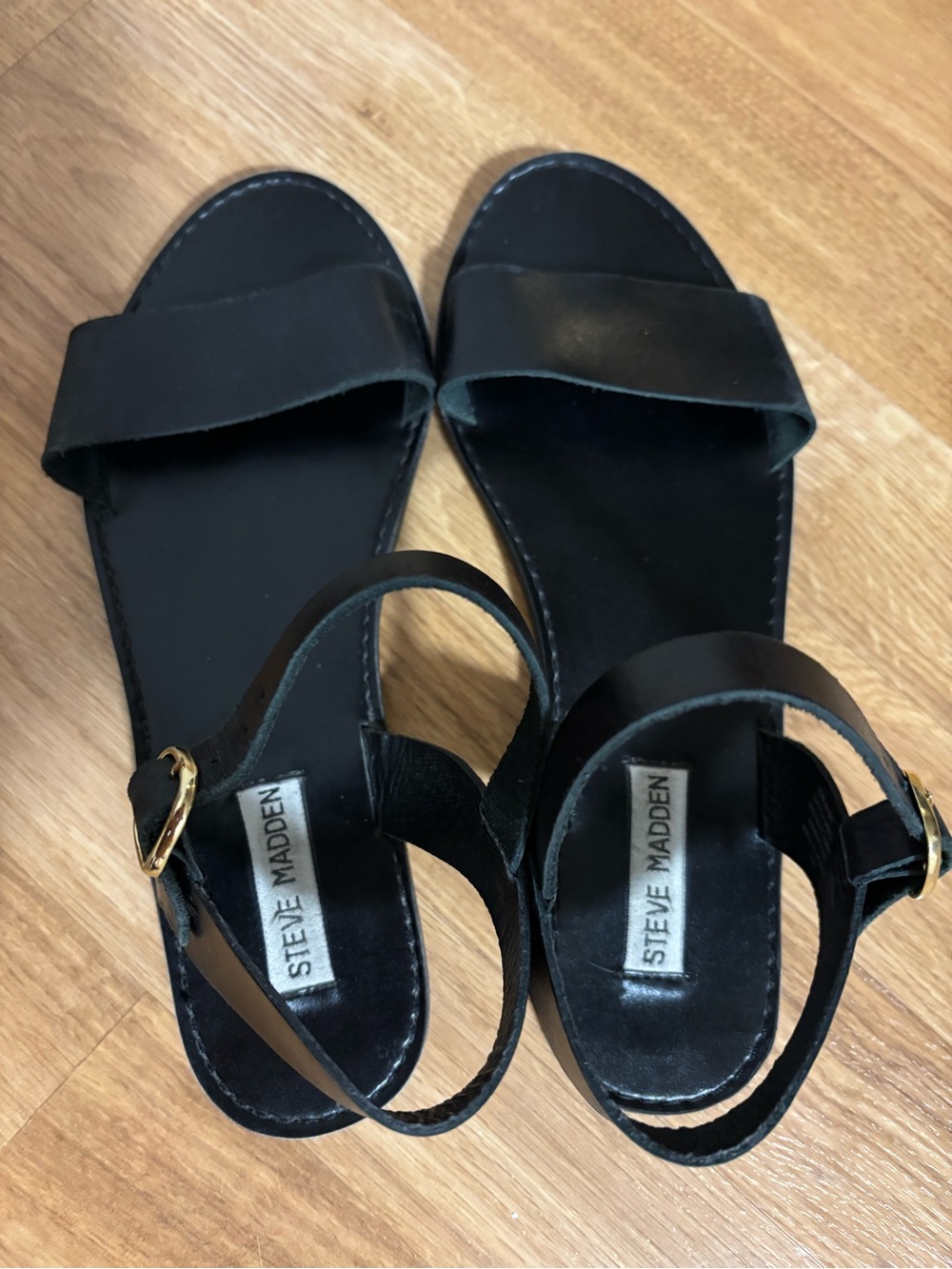 Steve Madden Black Leather Ankle-Strap Sandals with Gold Buckles. Size 8